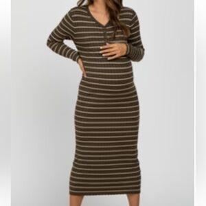 Tea n Rose Olive Green Striped Midi Dress